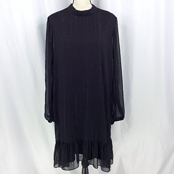 BCBG Paris Sheered Long Sleeve Dress Womens Size XXL Black Metallic Ruffle MIni - Picture 5 of 15